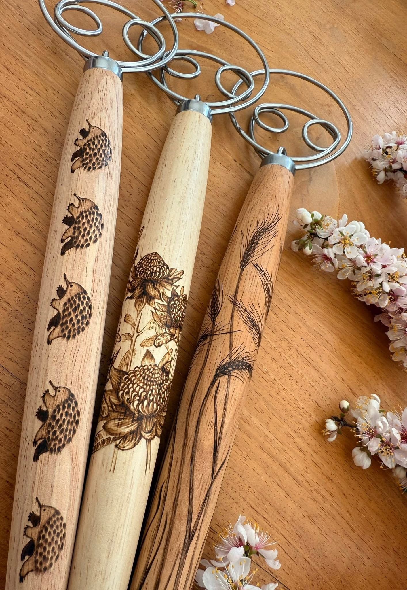 Dough whisks - Echidna, Native Flowers, Wheat, Hen & Chicks